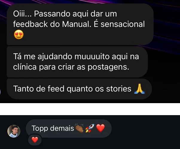 Prints de feedbacks de clientes sobre o Manual